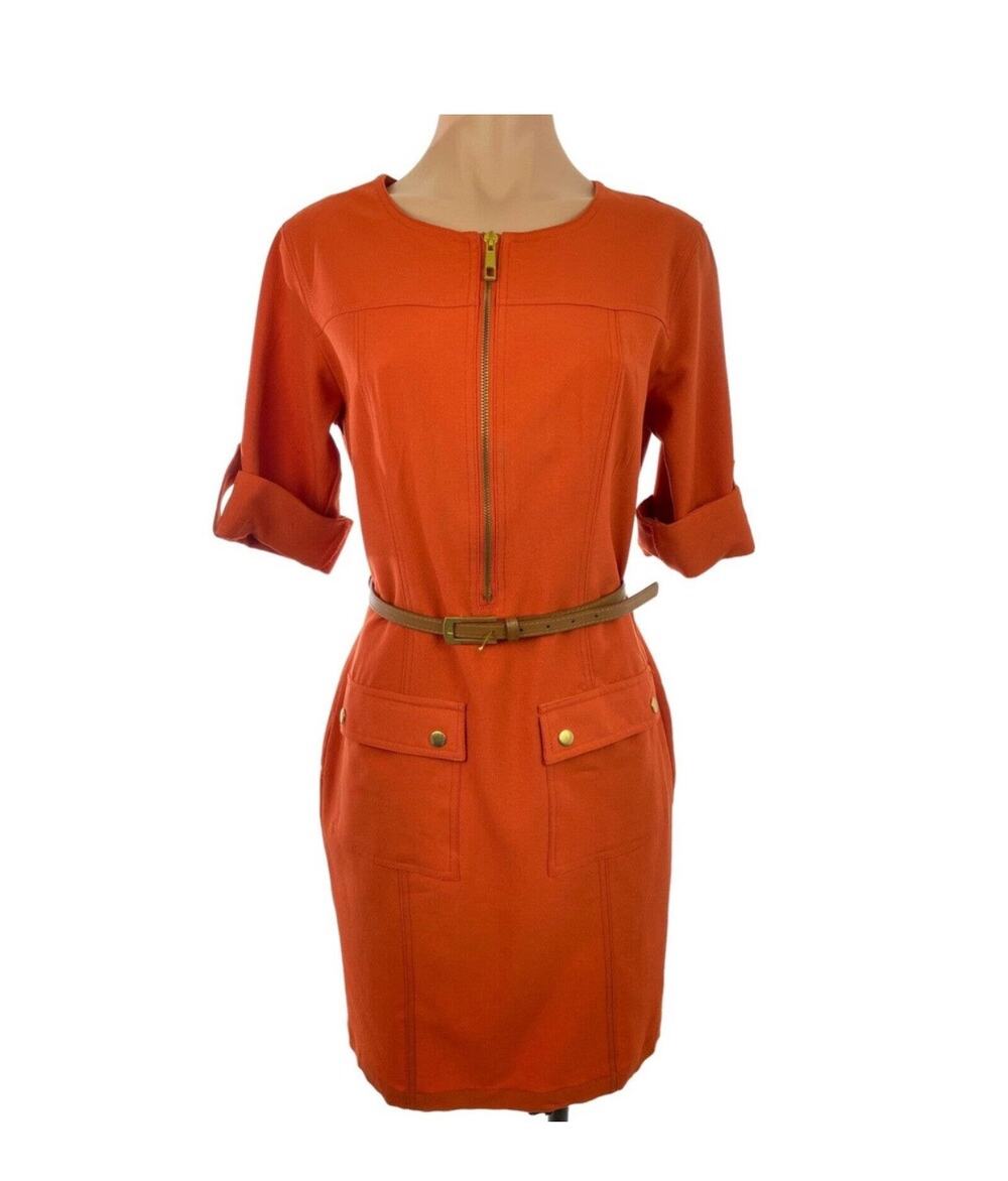 Sharagano Orange Belted Dress Front Exposed Zip - Cargo Pocket Tab Sleeve Sz 6